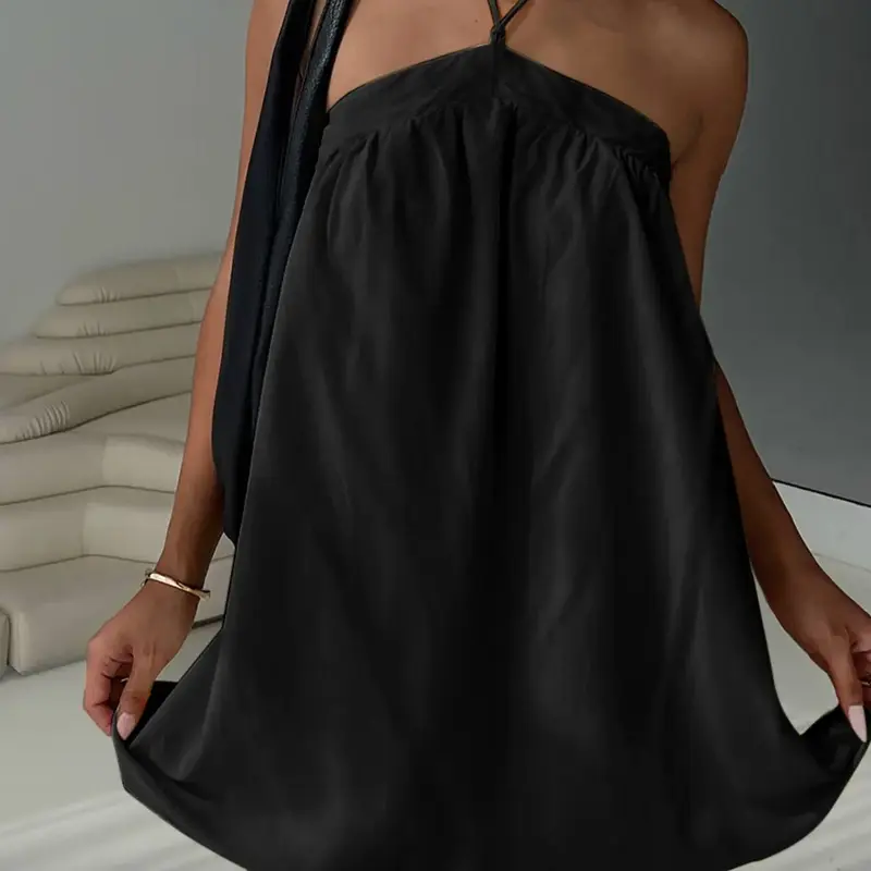 Women's Solid Color Halter-Neck Double-Layered Cami Dress, Chic Sexy Sleeveless Short Dress for Summer, Beach Clothes, Womenswear, Camisole Dress
