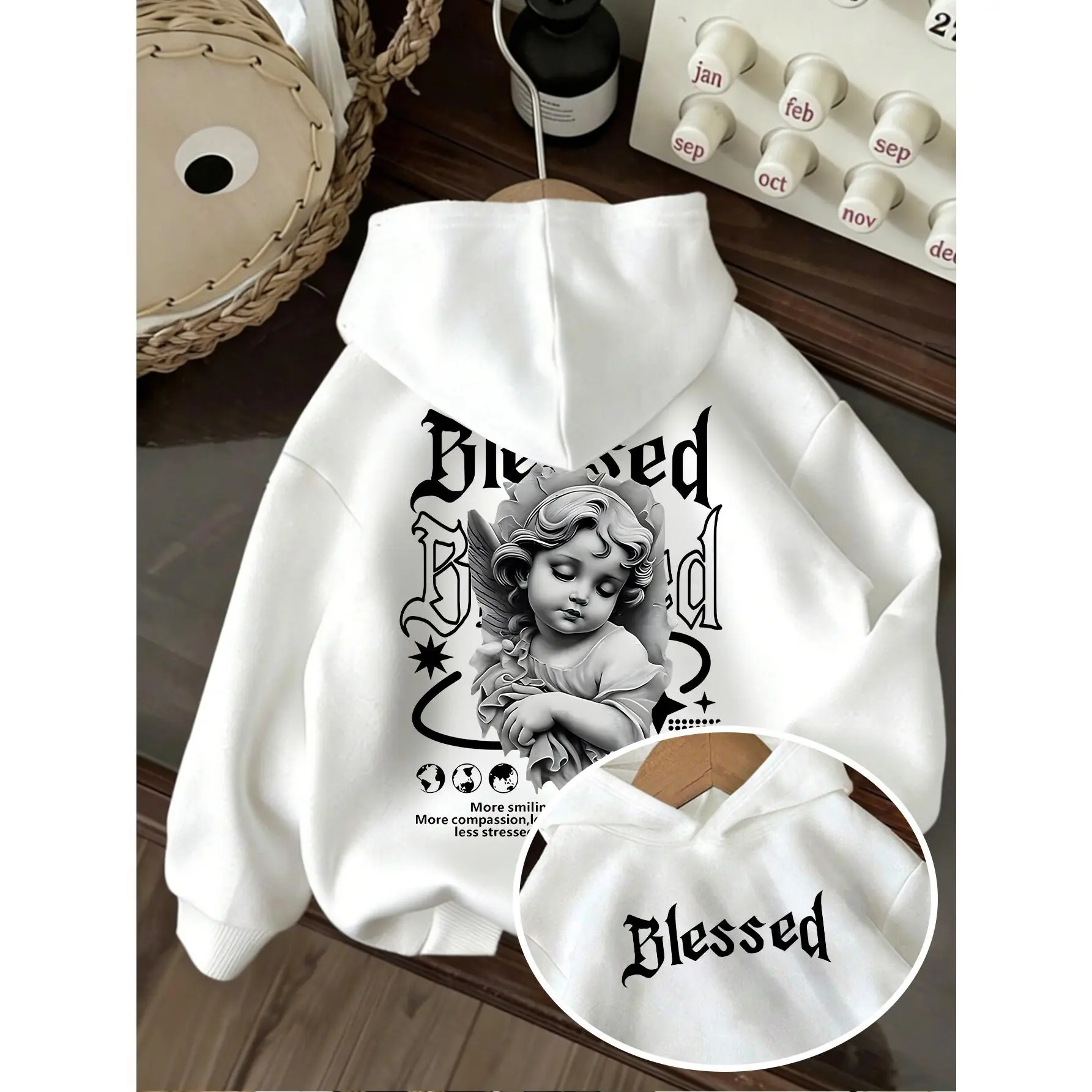 Casual Hoodie, High Street Gothic Style "Blessed" Angel Graphic Print Hooded Sweatshirt, Sweet and Cool Girly Casual Top, Suitable for Teen Girls, Warm and Comfortable for Spring, Autumn, and Winter, for Teenager