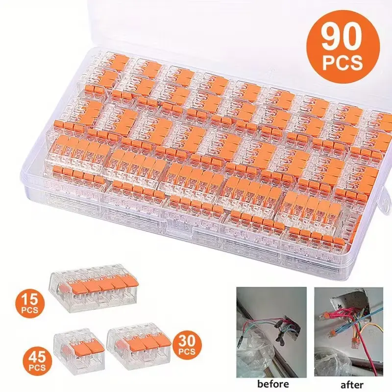 90pcs Quick Cable Connector Boxed, Orange Mini Terminal, Compact Wire Connector, Mating Terminal Wire Connector (AWG:24-12)