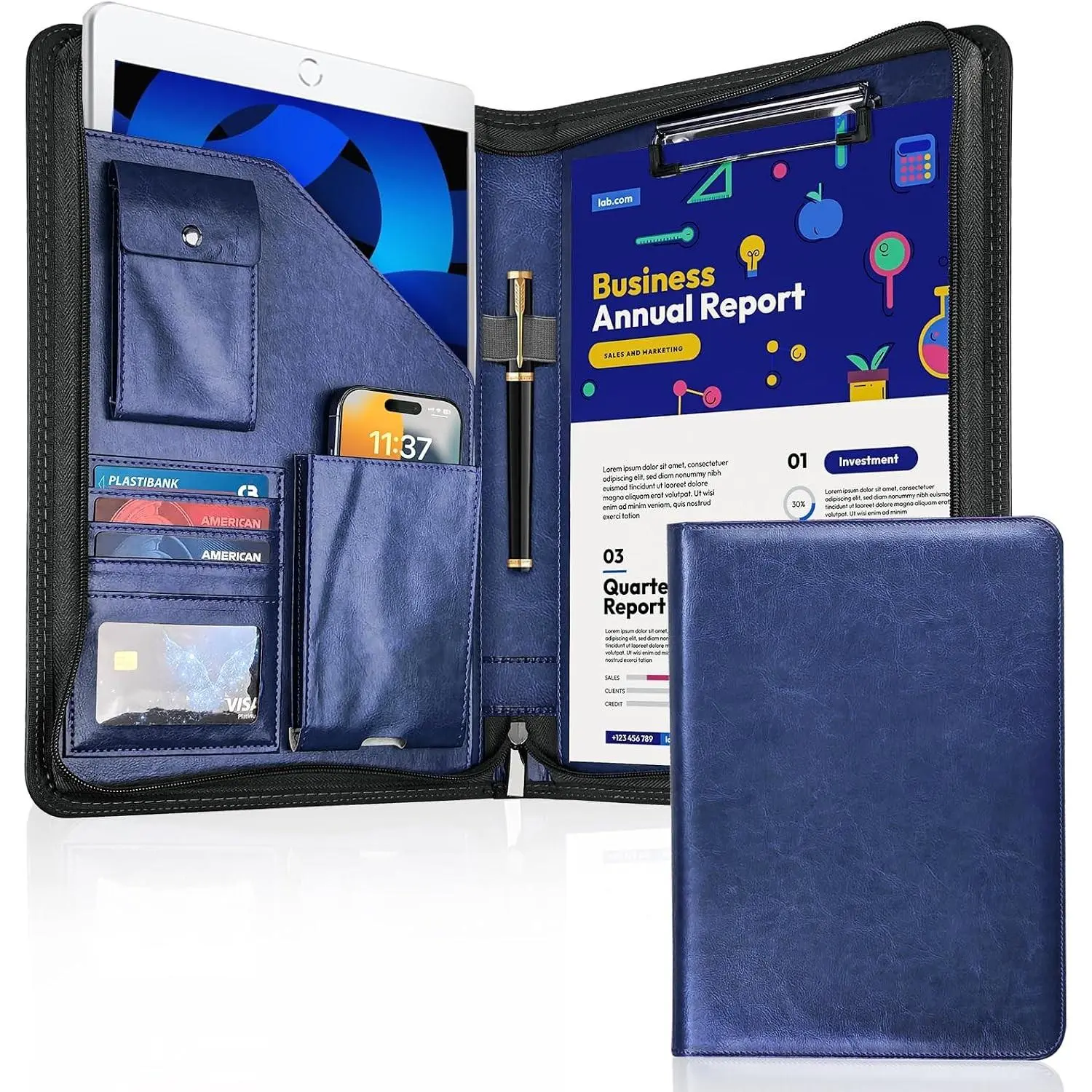 Zippered Padfolio Organizer, Leather Planner Binder, 10.2 Inch Portfolio Folder for Documents, Letter Size Business Card Holder for Men&Women (Blue)