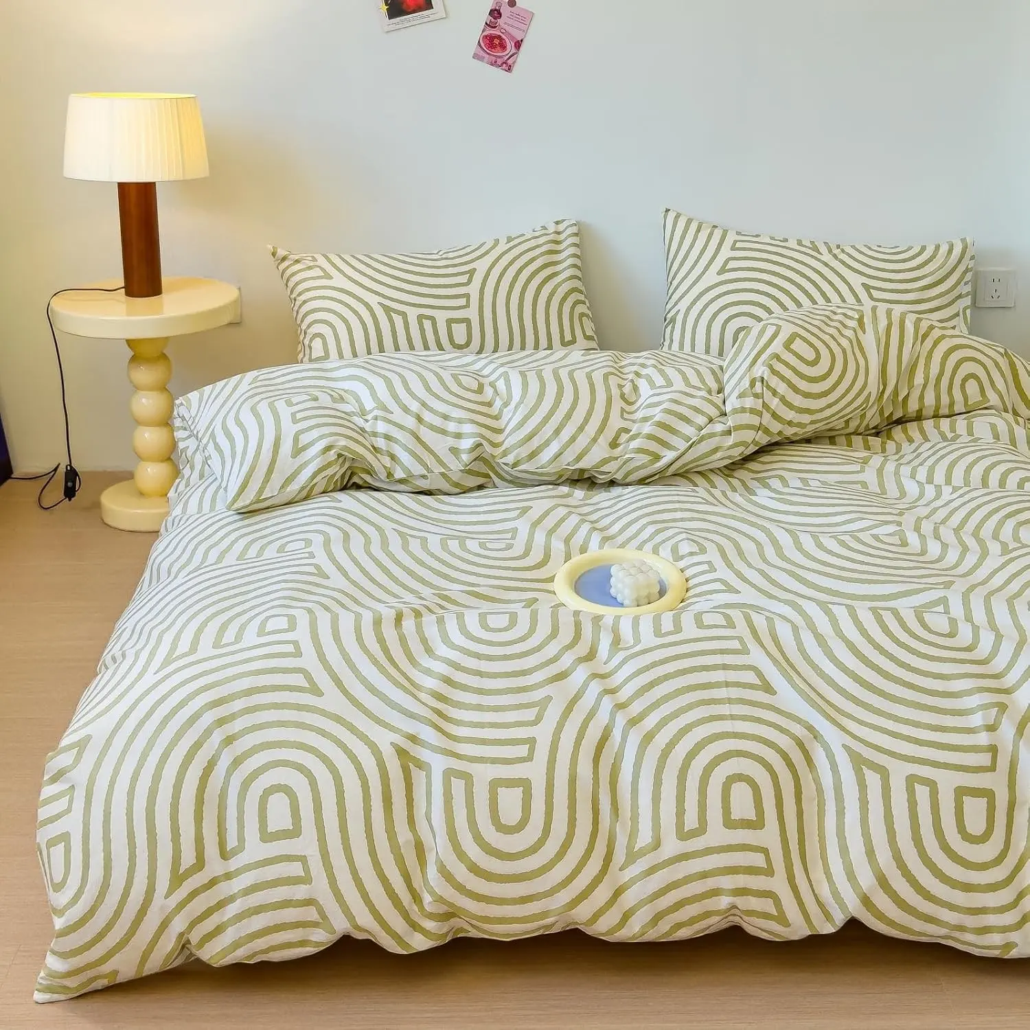 Abstract Duvet Cover Set Queen 100% Cotton Bedding Yellow Green Curve on White 1 Striped Geometric Comforter Cover Full 2 Pillowcases for Kids Girls Boys Woman