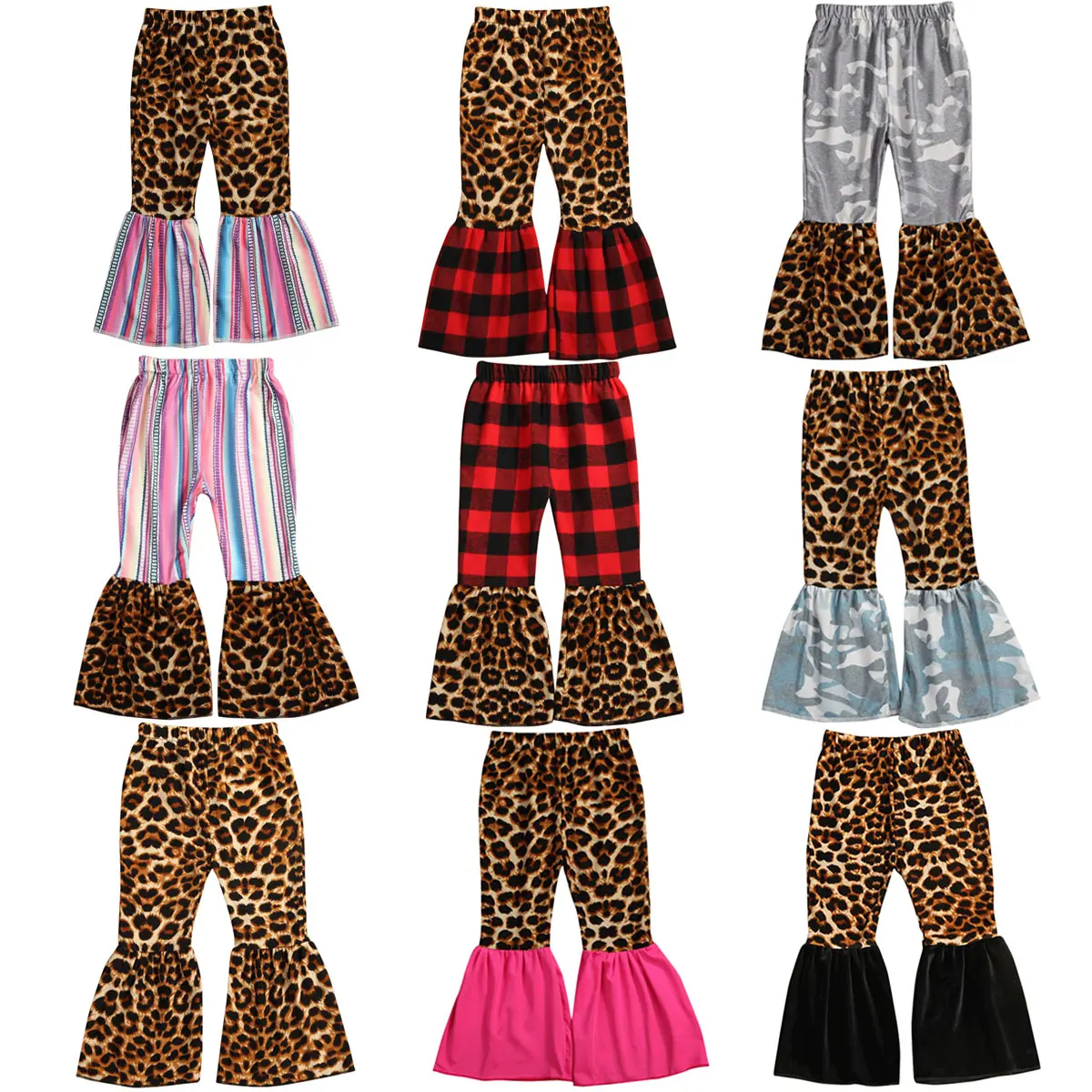 Kids Girl Long Pants Mixed Print Leopard Plaid Camo Spliced Bell Bottom Pants Elastic High Waist Flare Leg Toddler Girls Casual Western Fall Pants