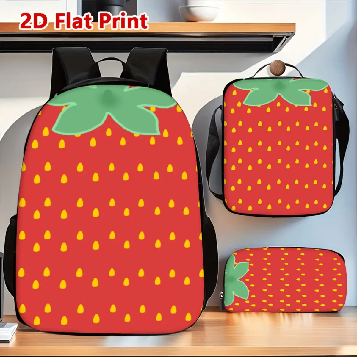 3pcs Red Strawberry Print Backpack Crossbody Bag And Pencil Case Set Suitable for Daily Use And Outdoor Travel