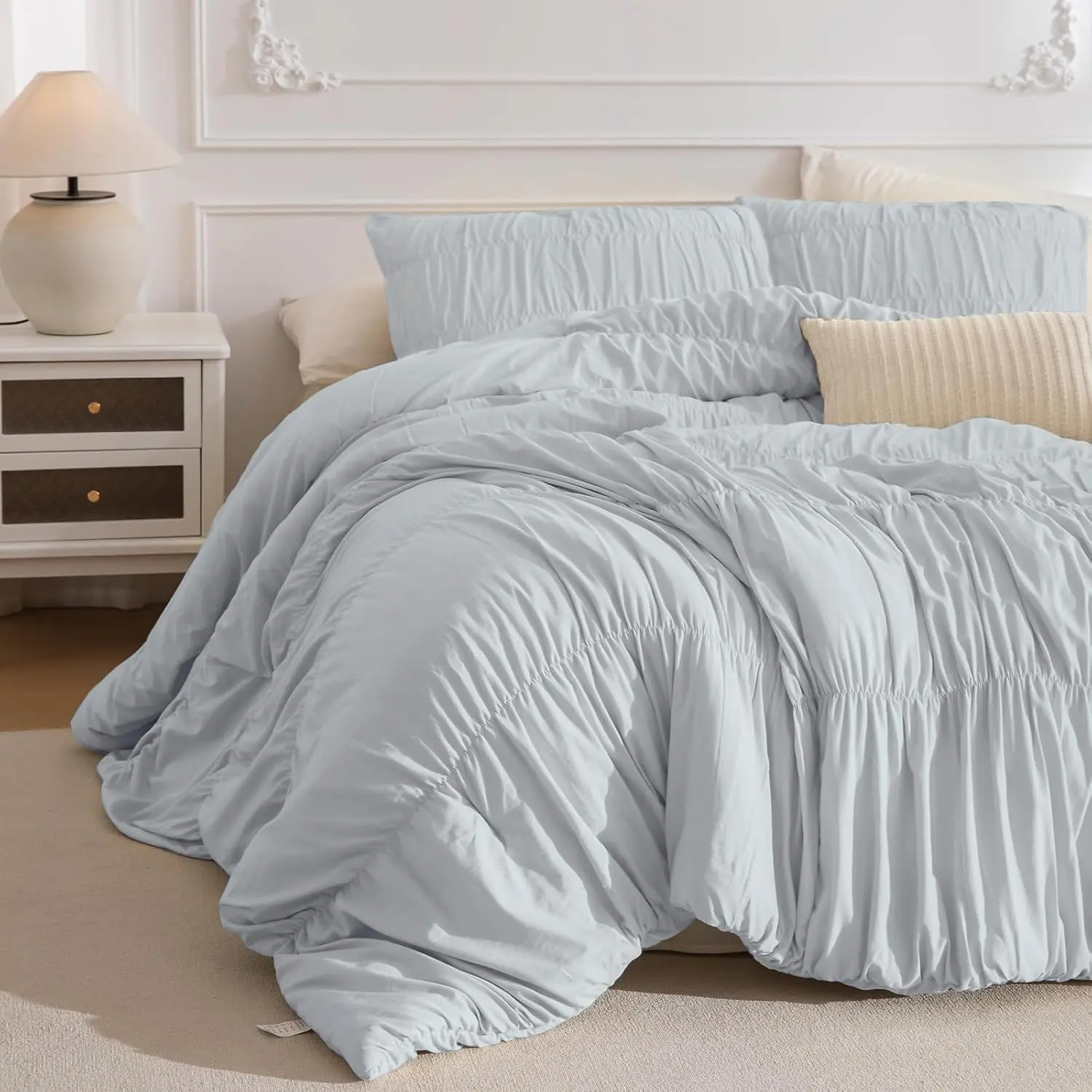 Queen Comforter Set,Ruched Ruffle Comforter for Queen Bed,3 Pieces Soft Lightweight Farmhouse Shabby Boho Chic Bedding (1 Light Blue Comforter+2 Pillow Shams)