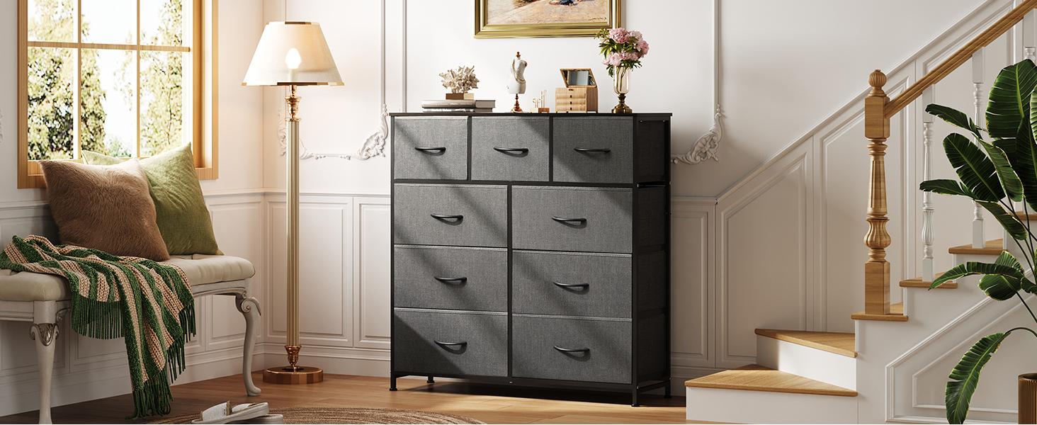 9-Drawer Dresser, Fabric Storage Tower for Bedroom, Hallway, Entryway, Closet, Tall Chest Organizer Unit with Fabric Bins, Steel Frame, Wood Top, Easy Pull Handle, Dark Grey