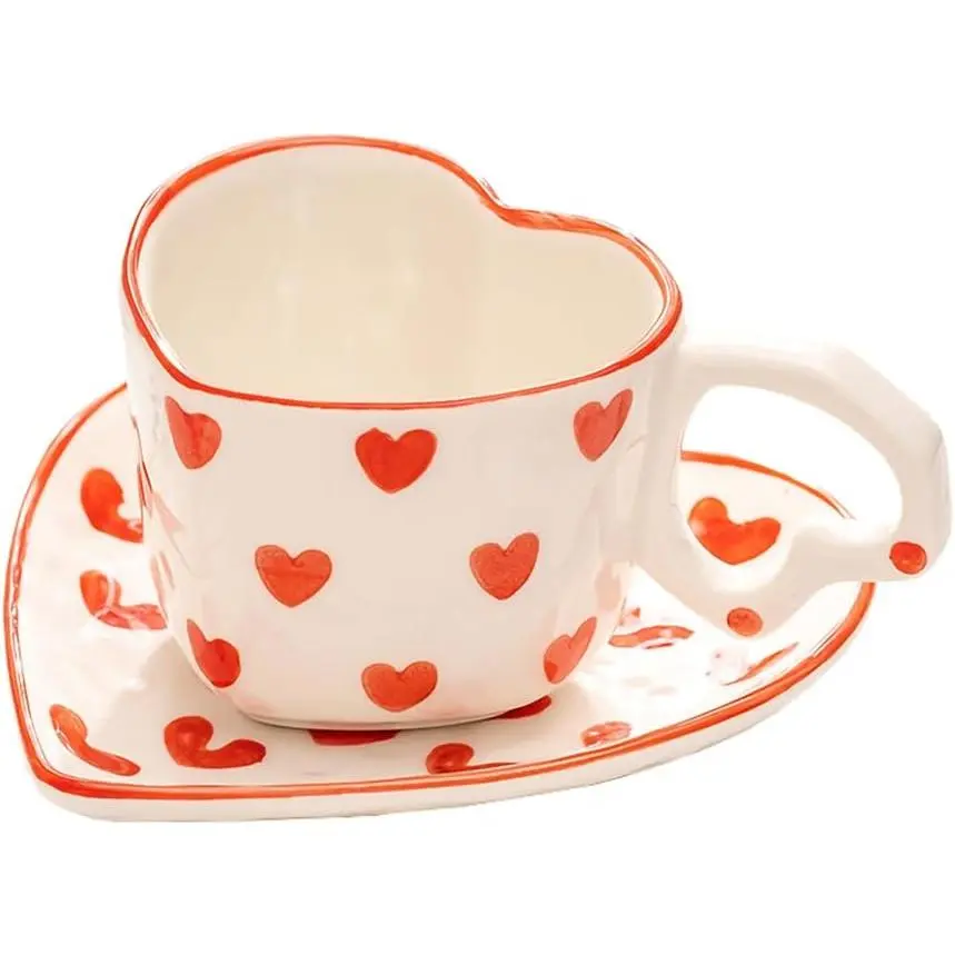 Heart Shaped Ceramic Coffee Mug Set with ,  Cup, Breakfast Cup, Dessert Plate-Red-8 OZ