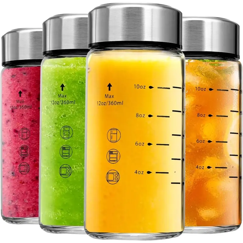 Glass Juice Bottles 4 Pack 12 oz - Wide Mouth Glass Water Bottles with Lids - Borosilicate,Stainless Steel Lids for Juicing, Smoothies, Infused Water, Beverage Storage, Leakproof, ,