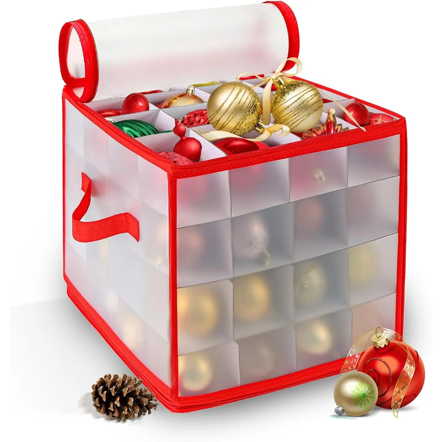 Christmas Ornament Storage Box, 64 Christmas Decoration Storage Box with Two Handles, Holiday Xmas Ornaments Box with Lid, Double-Sided Trays with Durable Zippers for