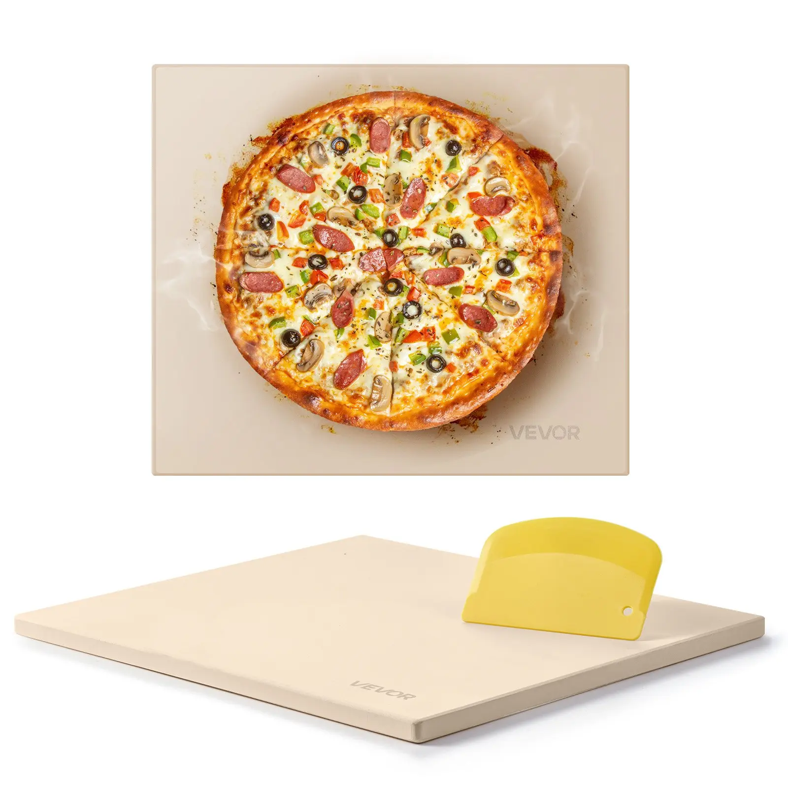 VEVOR Pizza Stone, 16x 14x 0.6 Inch Rectangular Cordierite Pizza Stone, Large Baking-Stone with Scraper, 1450 Heat-Resistant Cordierite Cooking Stones for Kitchen Bake Oven, BBQ Grilling