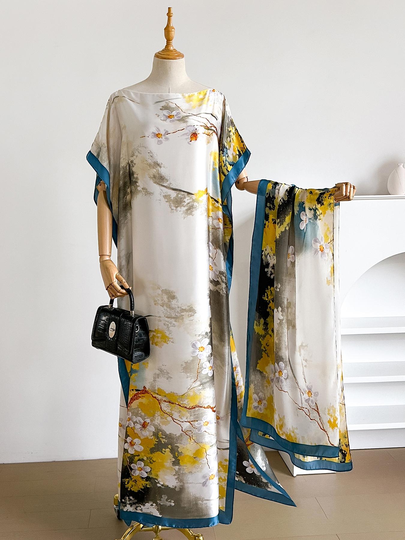 1 Piece Fashion Printed Robe Pullover Shawl moomoo Dress Long Wrap Silk Scarf Headband Ladies Womenswear Seaside Beach Sunshade Sunscreen Satin Silk Scarf