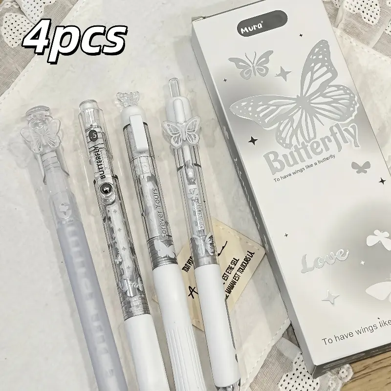 4Pcs Empty Mountain Butterfly Language Beautiful Butterfly Combination Neutral Pen, Healing Milk Fufeng 0.5mm Black Smooth Quick-drying Pen Ink, High-value Transparent Butterfly Pen Top Design