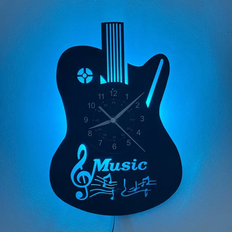 LED Vinyl Record Wall Clock, Electric Guitar & Music Note Silhouette Silent Non-Ticking Quartz Wall Watch, Music Themed Decorative Wall Art, Unique Gift for Guitar Player, Music Fan, Studio Bedroom Home Decoration, LED Wall Clocks