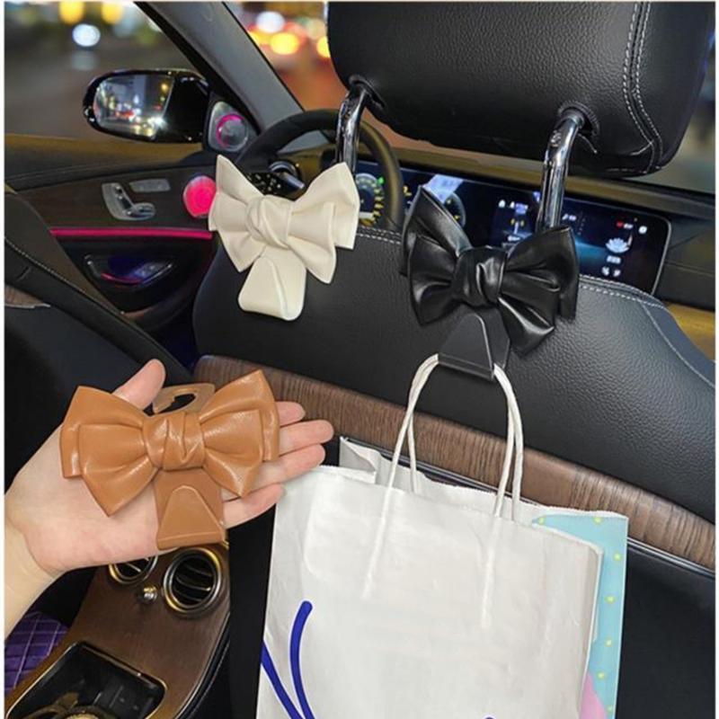 Cute Bowknot Car Seat Back Hooks 2Pcs, Premium Leather Dual Capacity Car Storage Hooks, Easy Install Interior Car Accessories Must Have,Cute Car Accessories for Women