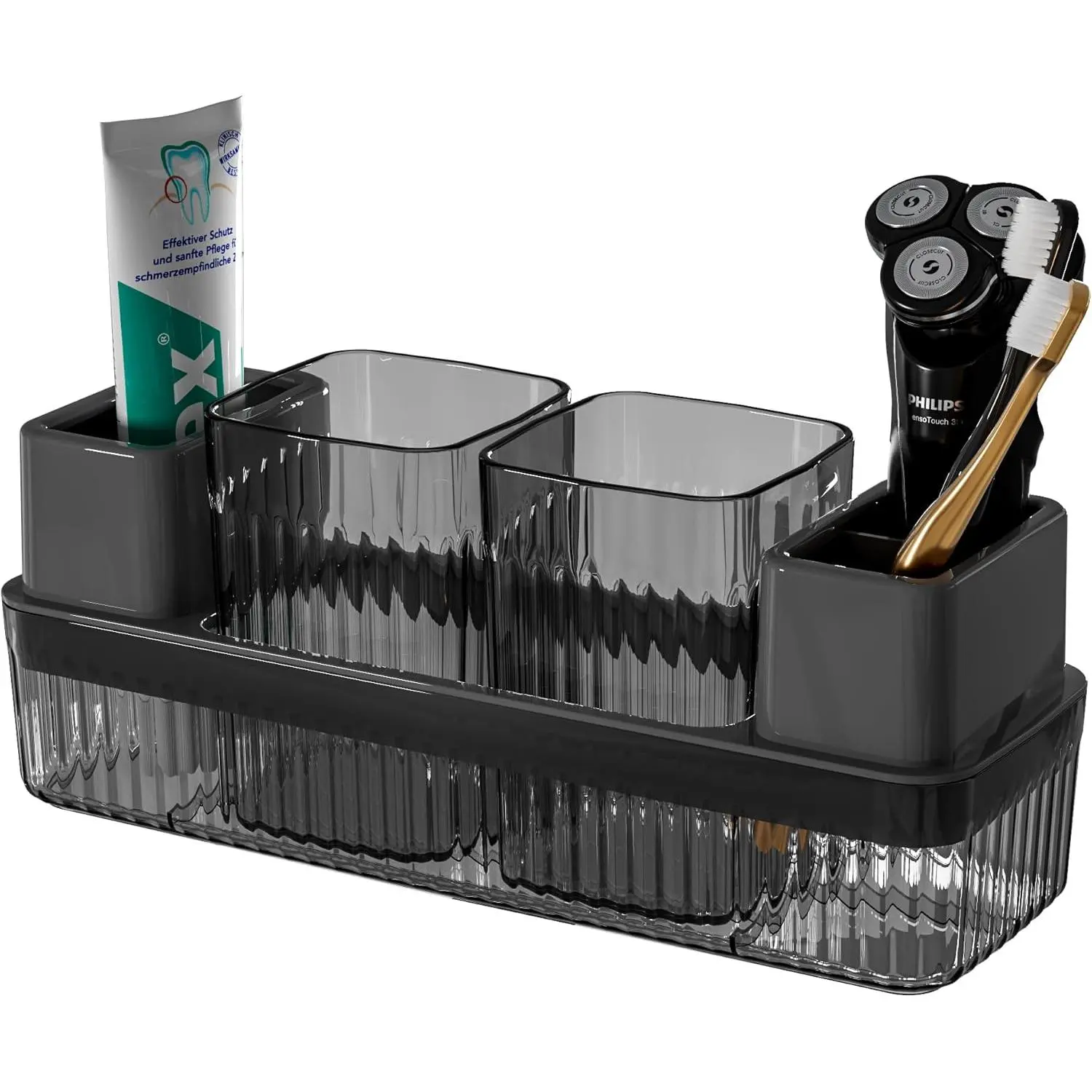 Toothbrush Holder for Bathrooms, 2 Cups Toothbrush Organizer for Countertop, Toothbrush Holder Toothbrush for Shower, Tooth Brushing Holder Cup Tray and Toothpaste Black
