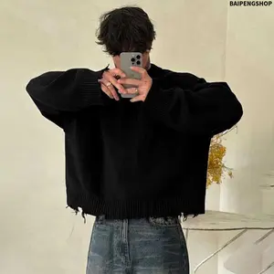 Andreilee Unisex Ripped Knit Pullover Sweater, Fall Winter Long Sleeve Round Neck Loose Fit Street Fashion Top, Comfortable Cleanfit Style Casual Knitwear for Men & Women, Ideal for Daily Wear & Street Outfits
