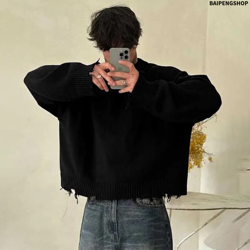 Unisex Ripped Knit Sweater, Loose-Fitting Long Sleeve Pullover, Casual Streetwear Style with Round Neck, Longsleeves, Pull On, Basic, Knitwear, Tops