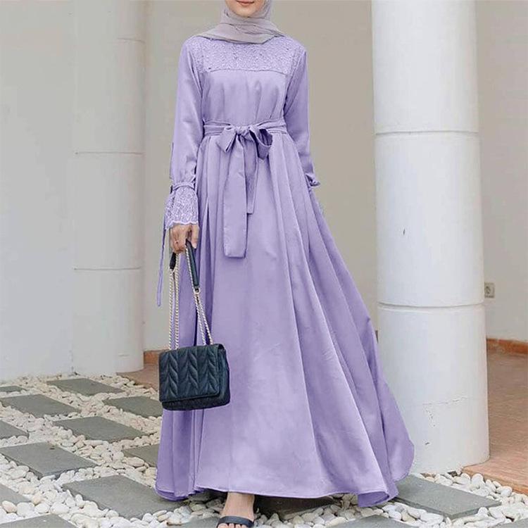 Creative and Elegant Muslim Women'S Long-Sleeved A-Line Dress |   Solid Color Patchwork, Four-Way Stretch, Tie Front Detail, Perfect for Spring, Summer, Autumn Casual Wear