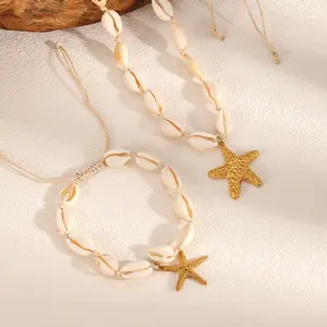 Ins Popular Casual Vacation Starfish Shell Jewelry Set, Adjustable Drawstring Bracelet & Pendant Necklace, Elegant High Grade All-match Trendy Accessories for Women Beach Daily Wear