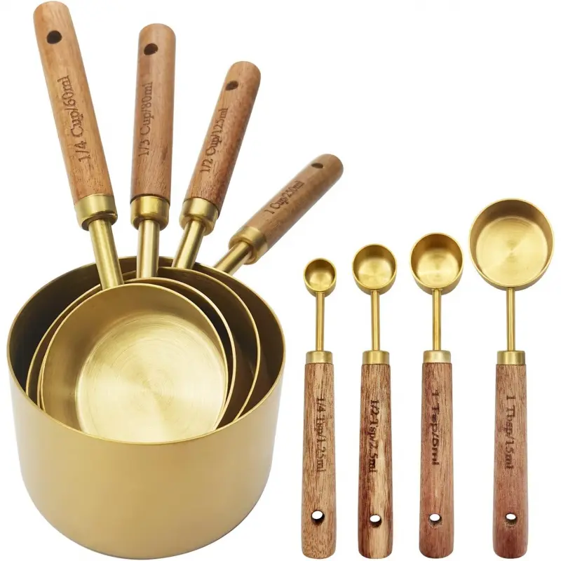 Gold Measuring Cups and Spoons Set with Fragrant Wood Handle, Measuring Cups, Metal Measuring Spoons and Measuring Cup Set for Cooking & Baking, Set of 8 pcs, Stainless Steel Measuring Cups and Spoons Set