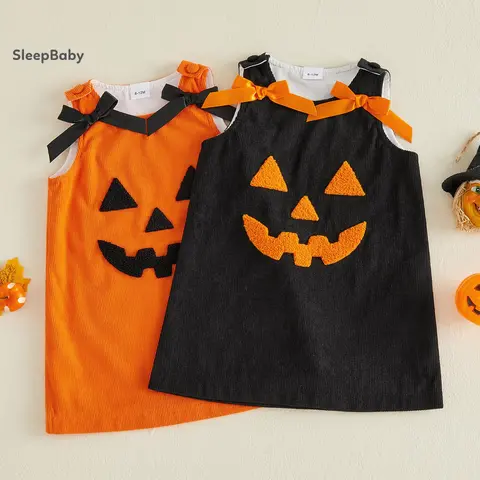 Baby Girls' Soft Corduroy Sleeveless Round Neck Swing Tank Dress - Polyester, Elastane, Pumpkin Embroidery, Satin Bow Straps, Loose Fit A-Line Silhouette, Cool Autumn Wear, Daily/Photoshoot Outfit, 0-3 Years, 12-18 Months, 1 Dress