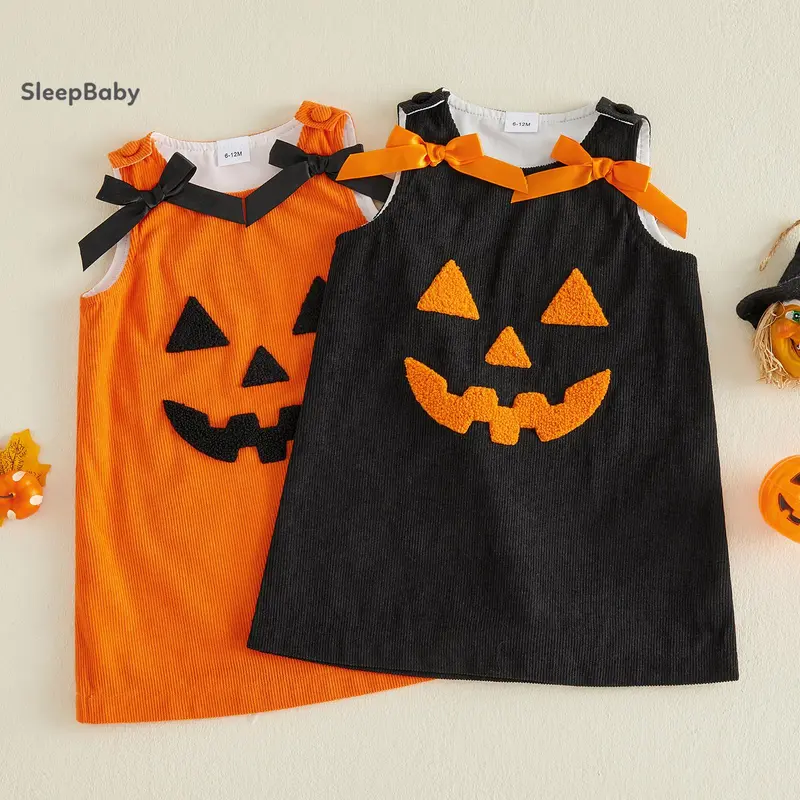 Baby Girls' Soft Corduroy Sleeveless Round Neck Swing Tank Dress - Polyester, Elastane, Pumpkin Embroidery, Satin Bow Straps, Loose Fit A-Line Silhouette, Cool Autumn Wear, Daily/Photoshoot Outfit, 0-3 Years, 12-18 Months, 1 Dress