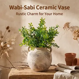 Rustic Wabi Sabi Hand‑Made Ceramic Vase With Double Handles, Vintage Distressed Weathered Pottery Flower Vase, 5.8 Inch Textured Terracotta Decorative Vase, Waterproof Anti‑Slip Farmhouse Boho Home Decor Vase For Tabletop Living Room Entryway Bedroom Dini