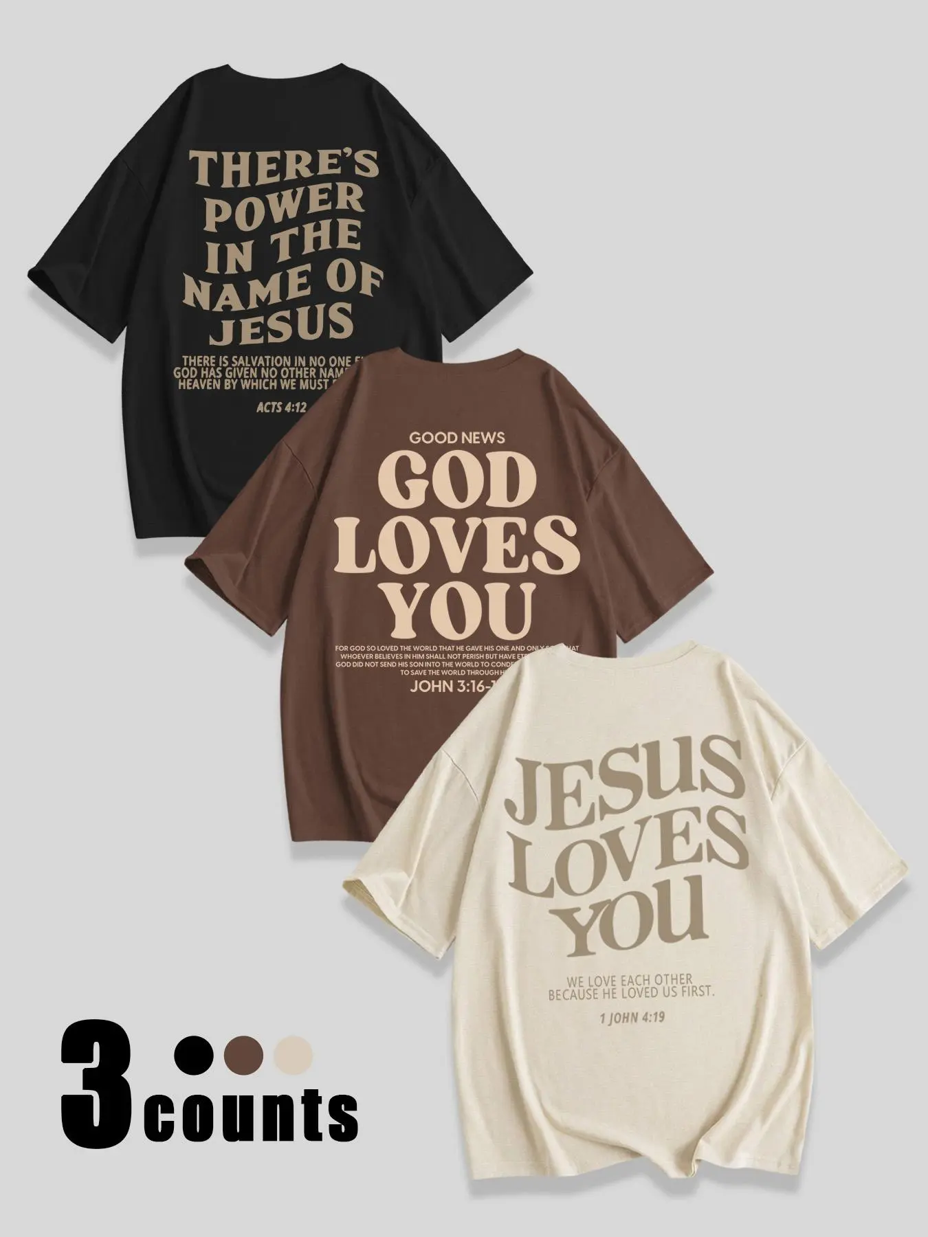 Faith Theme Casual T-Shirts 3-Pack, Loose-Fit Round Neck, Jesus Loves You Print, Christian Girl Clothing, Daily Wear, Fashionable Comfortable Top