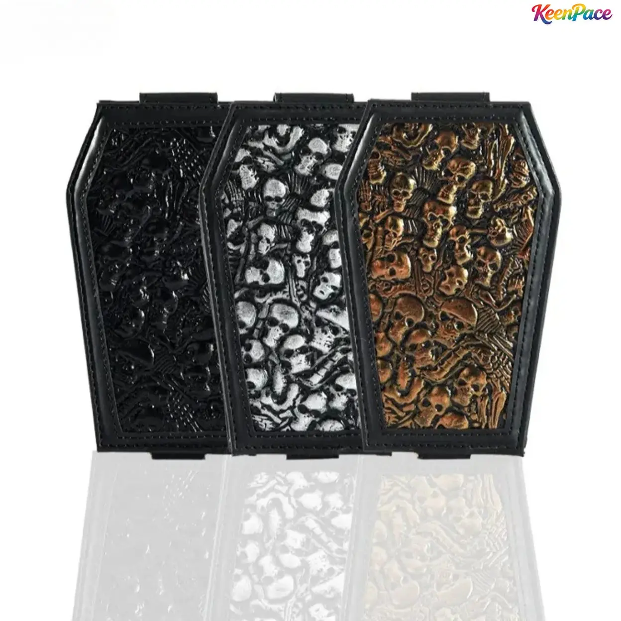 Embossed Skull Coffin Shaped Card Holder For Men Women, Gothic Punk Slim PU Leather Flip Wallet With Multi Card Slots & Clear ID Window, Snap Button Credit Card Case, Unique Dark Pocket Accessory For Streetwear, Concert, Halloween, Daily & Vacation Outfit