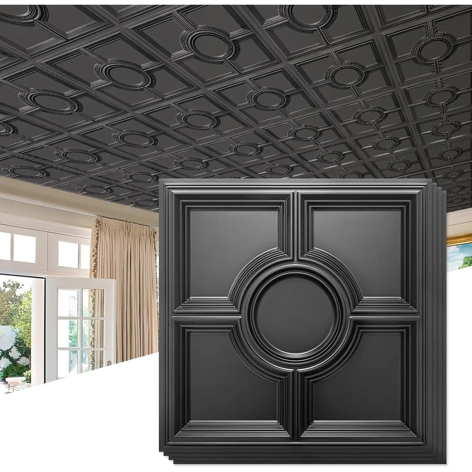 Black Drop Ceiling Tiles 2ft x 2ft, Glue Up Ceiling Panels 24 x 24in, ,  PVC to  Breakage, 12 Pack Cover 48 Sq. Ft