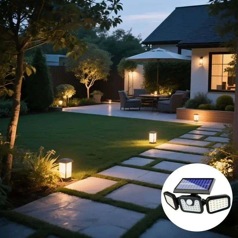 Solar Powered Three-Head Wall Light, Rotatable Outdoor Night Lamp, Motion Sensor Road Lighting, Garden Streetlight, Abs Material