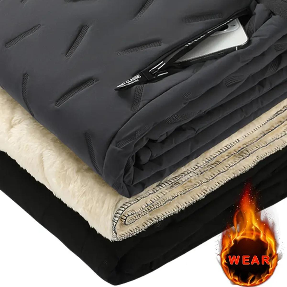 Men's Thermal Pants Thick & Durable Winter Trousers with Drawstring Waistband, Black for Everyday & Formal Wear in Cold Weather, Side Pockets Suitable for Office, Travel, & Outdoor Activities, Loose Fit, Fleece Lining, Solid Color