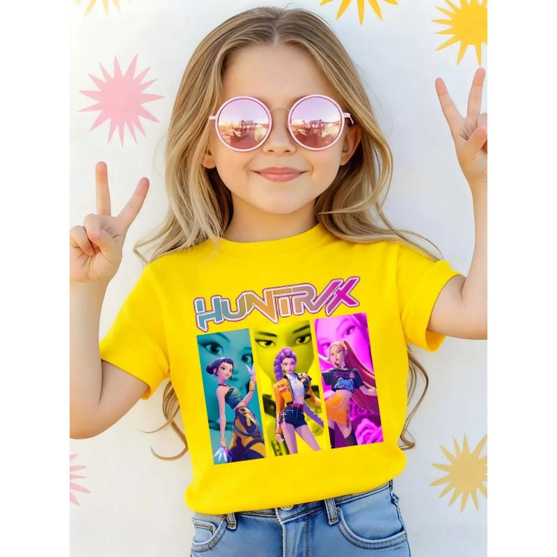 Kpop Hunter Girl Group Cool Girls Portrait Print Short Sleeve Funny Graphic Tee, Comfortable Soft Fabric, Casual Sportswear for Girls, Perfect Gift