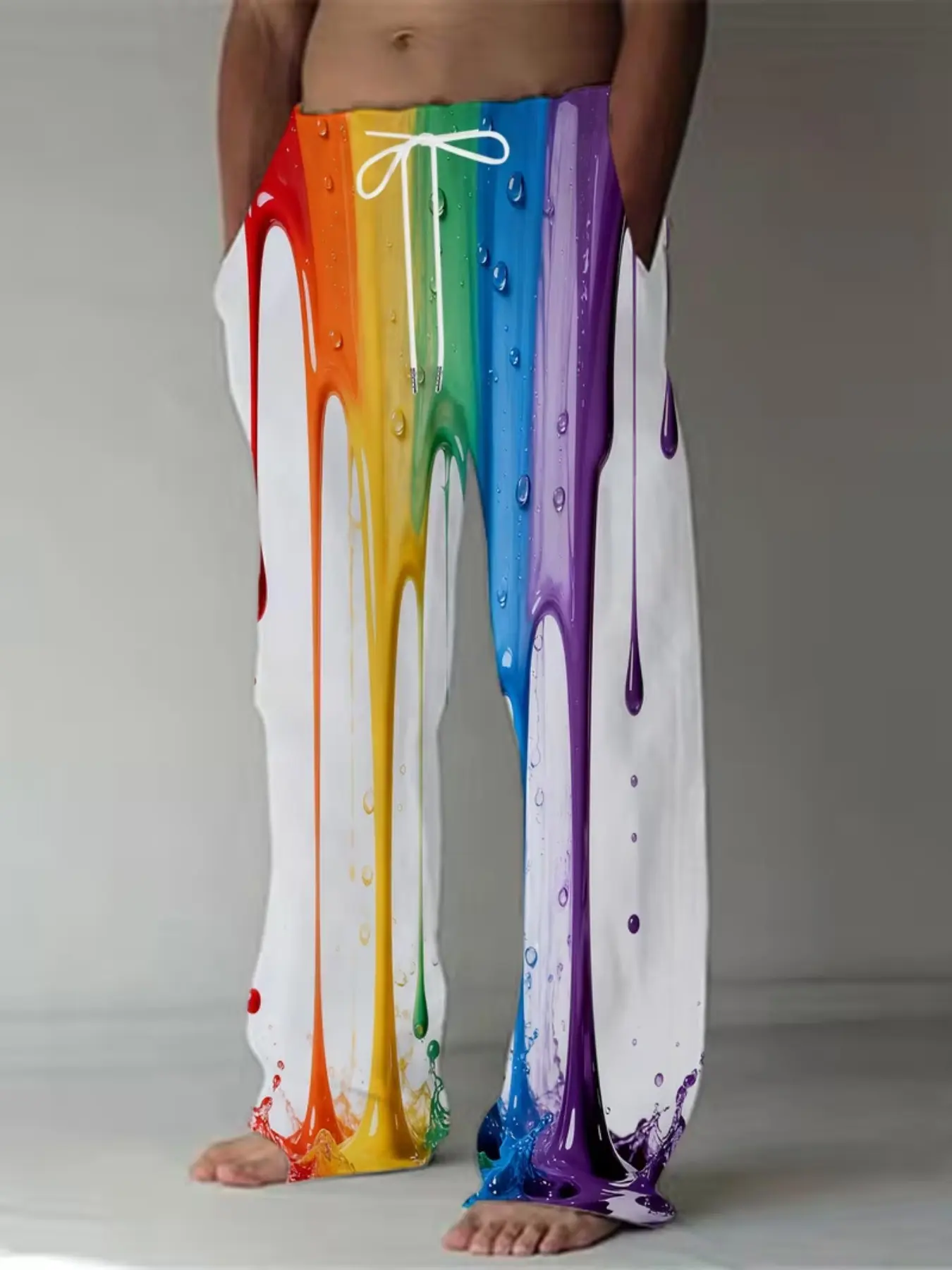 Men's Rainbow Gradient Flowing Paint Water Droplet Splatter Straight-Leg Long Pants, Casual Slim-Fitting Fall & Winter Fashion