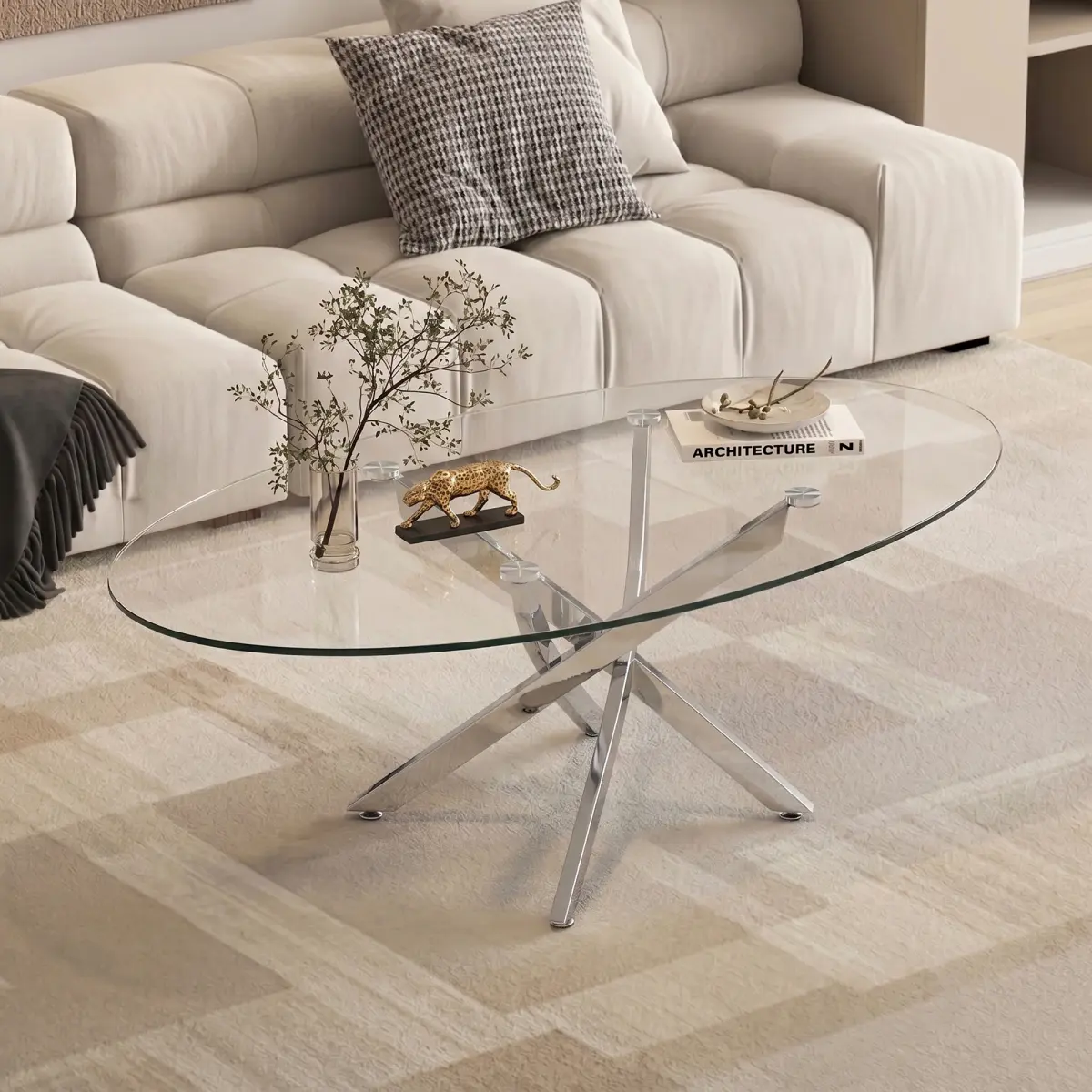 Oval Glass Coffee Table, 39.4'' Transparent Top, Silver Metal Legs | Crossed Metal Legs,Oval Center Tables,Glass Living Room Office, Oval Clear Tempered Glass Top,Glass Tea Table,Side Table