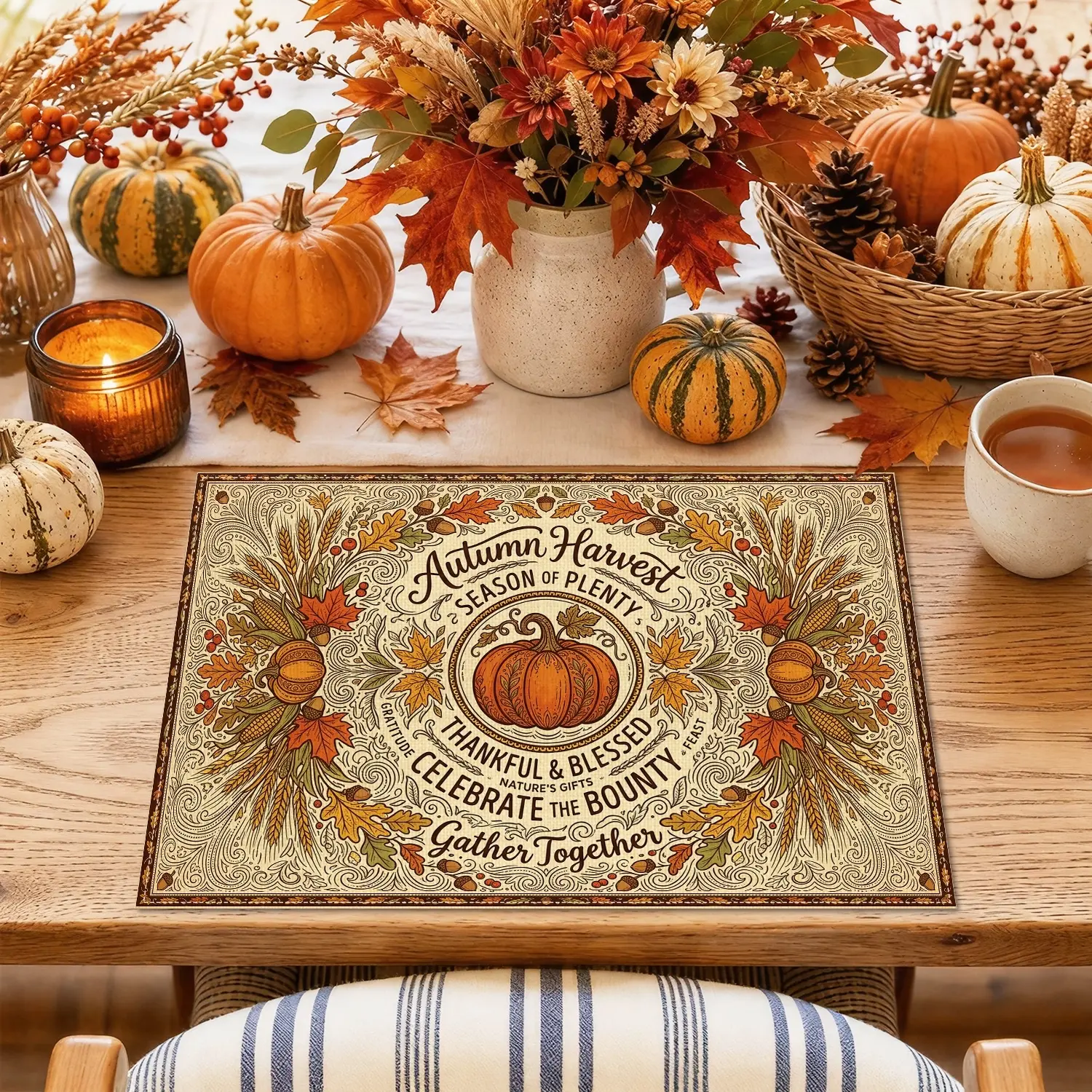 4/6pcs Autumn Harvest Pumpkin Maple Leaf & Wheat Placemats, Rustic Thanksgiving Style for Dining Table, Kitchen, Thanksgiving Dinner & Farmhouse Decor, Thanksgiving Gifts, Table Decoration