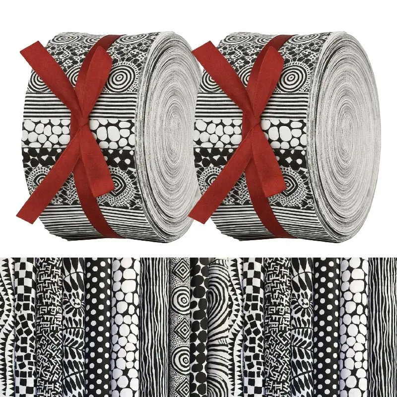 40Pcs Black and White Pattern Fabric Strips 2.48x19.7 Inch Precut Quilting Strips Assorted Cotton Fabric Bundle for DIY Doll Clothes and Sewing Supplies