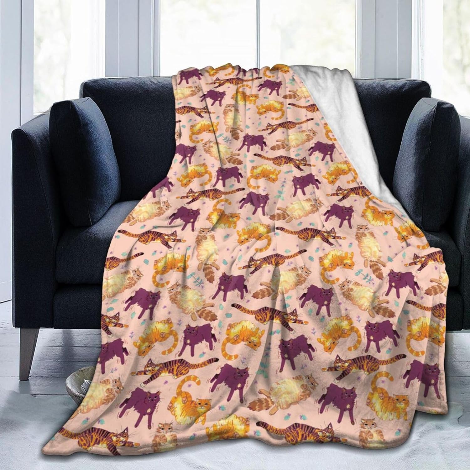 Cat Blanket, Flannel Throw Blanket, 60''x50'', Multicolor, Animal Print, Soft, Warm, Perfect for Beds, Sofas, Camping, Napping, Travel, Working