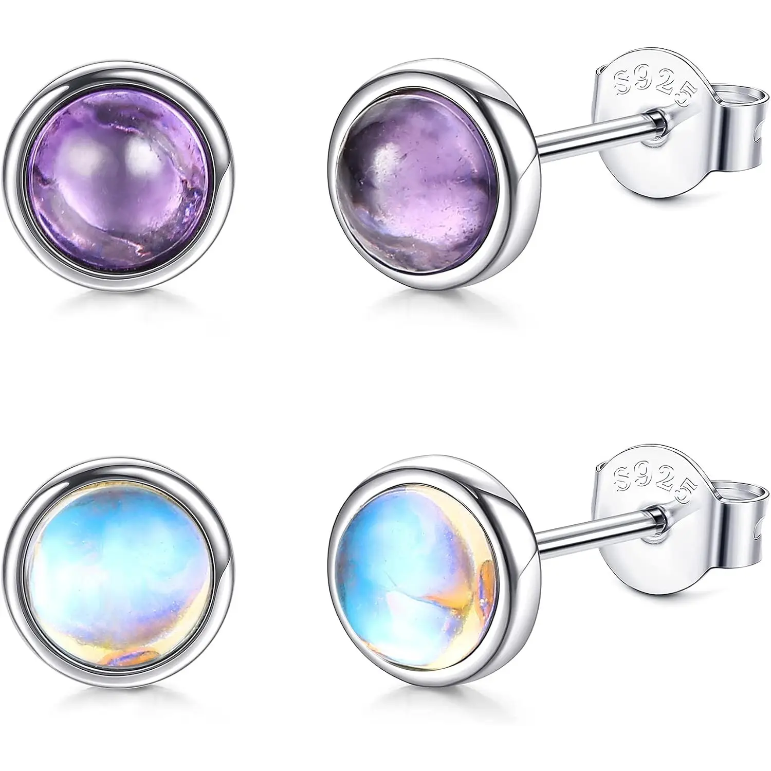 2 Pairs 925 Sterling Silver Moonstone Stud Earrings, Natural Round Gemstone Earrings for Women, Onyx, Amethyst & Peridot Hypoallergenic 4MM Halo Earring Set