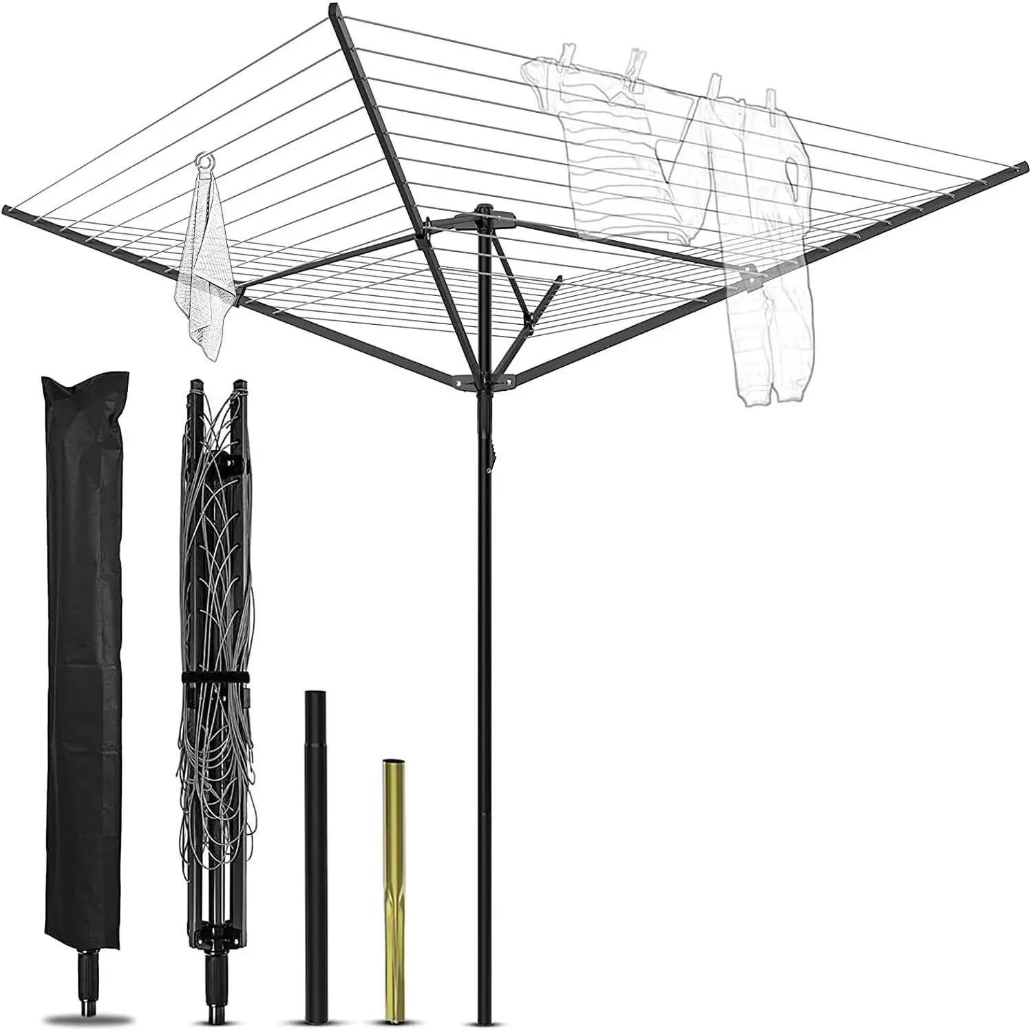Outdoor Umbrella Drying Rack, 12 Lines with 165 Feet Umbrella Clothesline Outdoor Dryer Clothes Line, 4 Arm Steel Frame Adjustable Height Retracting Collapsible Clothes Drying Rack for Backyard