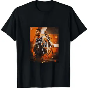 100% Cotton Orange Glow Multi-Shot Wembanyama Tee, Triple Action Collage Print, Spurs Fan Arena Game Day Cheer Shirt Warm Tone Multi-Action Print Tee, Black & White Options, Versatile Top For Travel & Basketball Game Night