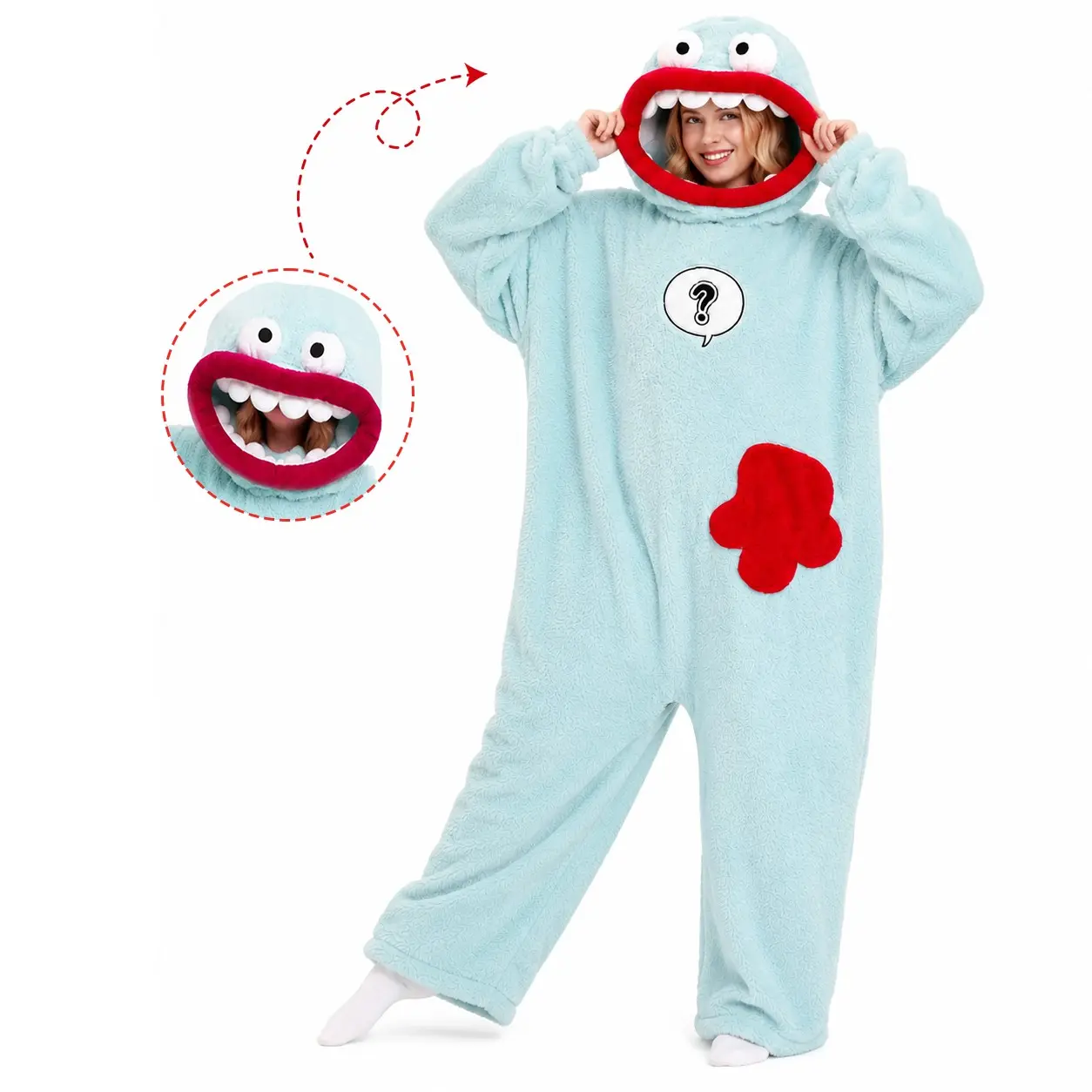 Unisex Adult Funny Blue Monster Plush Hooded Onesie, Soft Fleece Jumpsuit, Halloween Christmas Party Costume, Loungewear