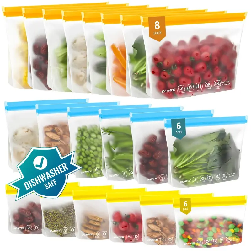 20Pack Dishwasher Safe Reusable Bags Silicone, Leakproof Reusable Freezer Bags, Reusable Food Storage Bags Sandwich Bags Snack Bags for Lunch Travel(8 Gallon 6 Quart 6 Snack,Colored)