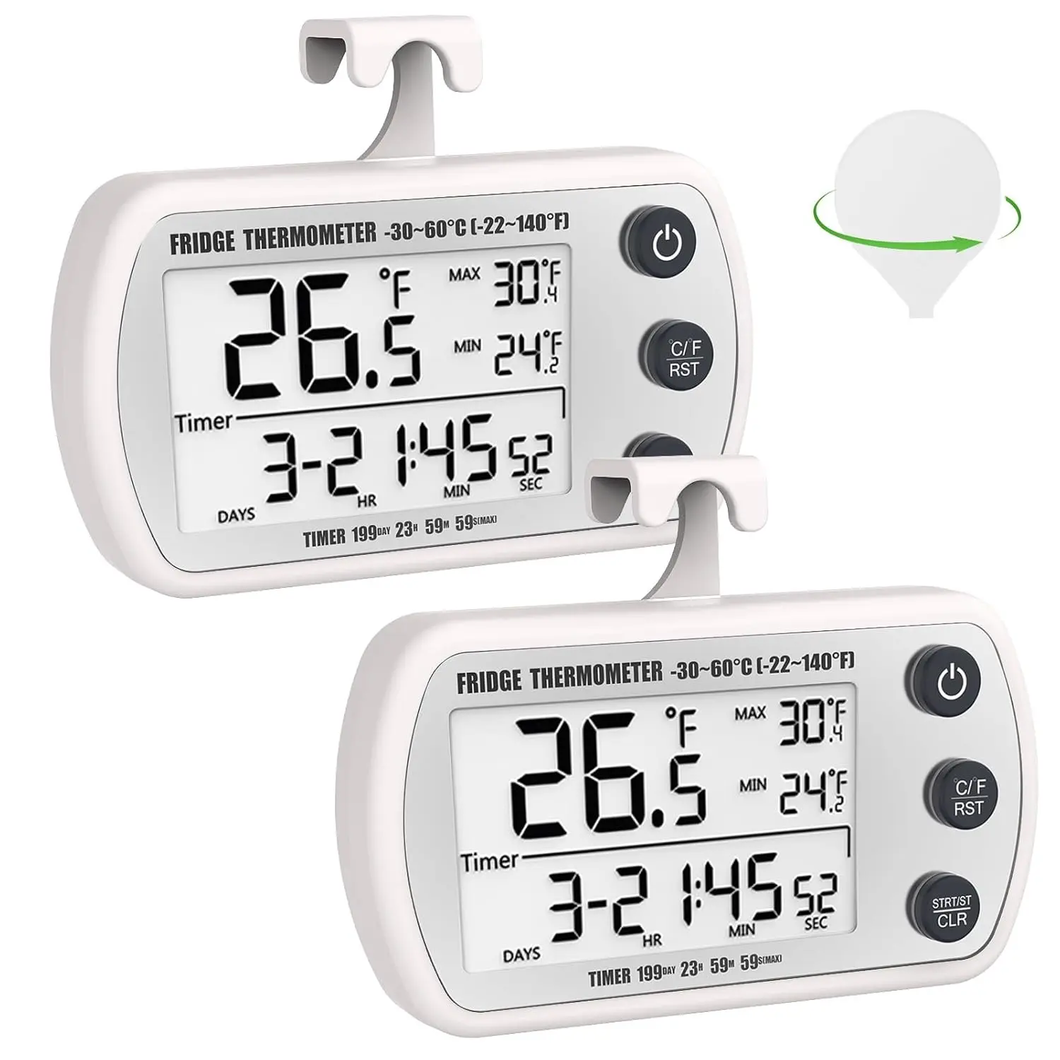 Digital Refrigerator Thermometer 2 Pack, Waterproof Fridge Thermometer, 2.25IN Large Screen Freezer Thermometer, Max/Min Record Function, Timer Function(White)