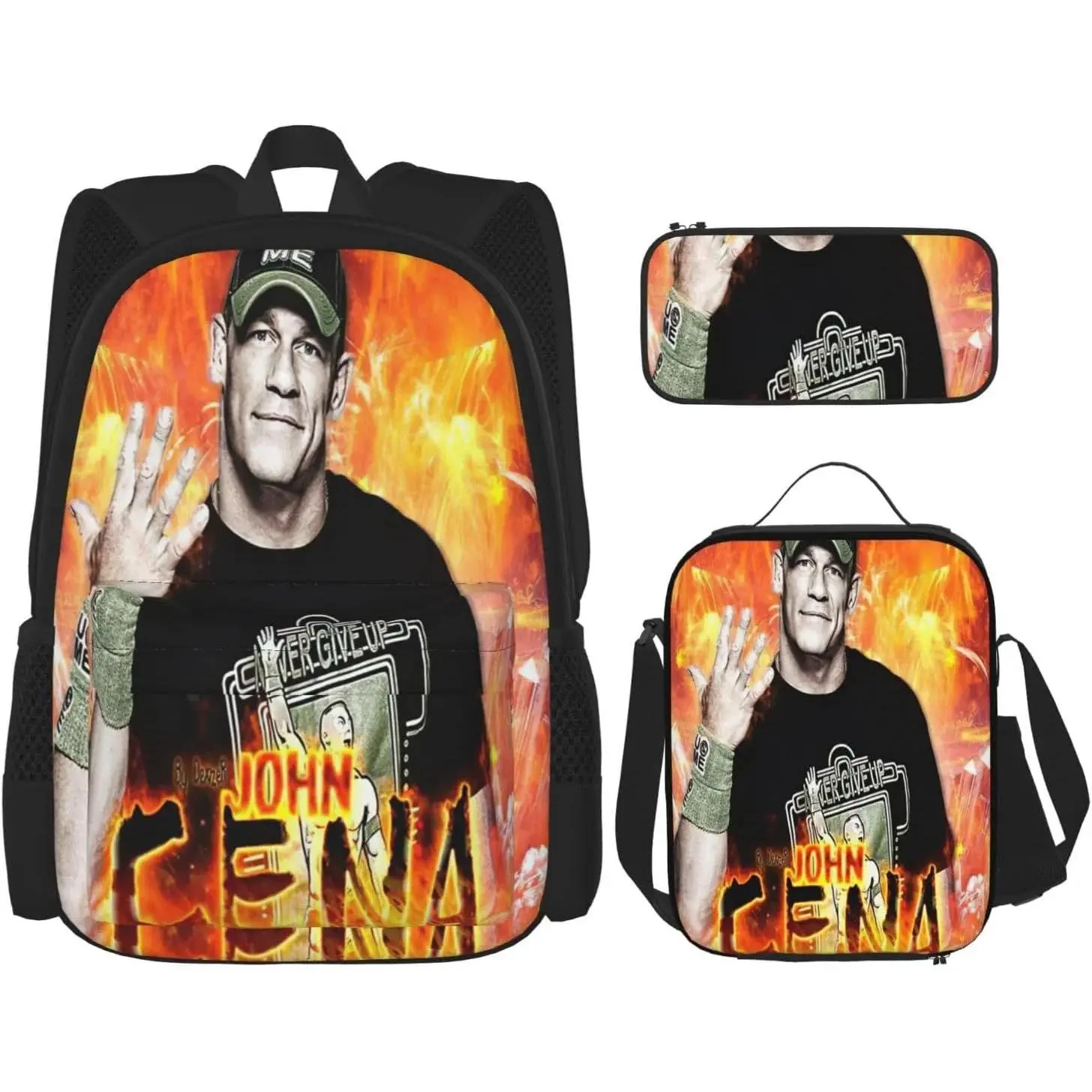 John Cena Backpack 3 Pieces Set With Lunch Box And Pencil Pouch Combination for Work/Sport/Picnic Portable Laptop Backpack Travel Daypack Stationery Bag