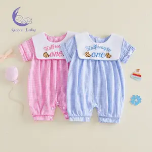 Infant Baby Half Birthday Romper Summer Fashion Letters Embroidery Short Sleeve Plaid Jumpsuit
