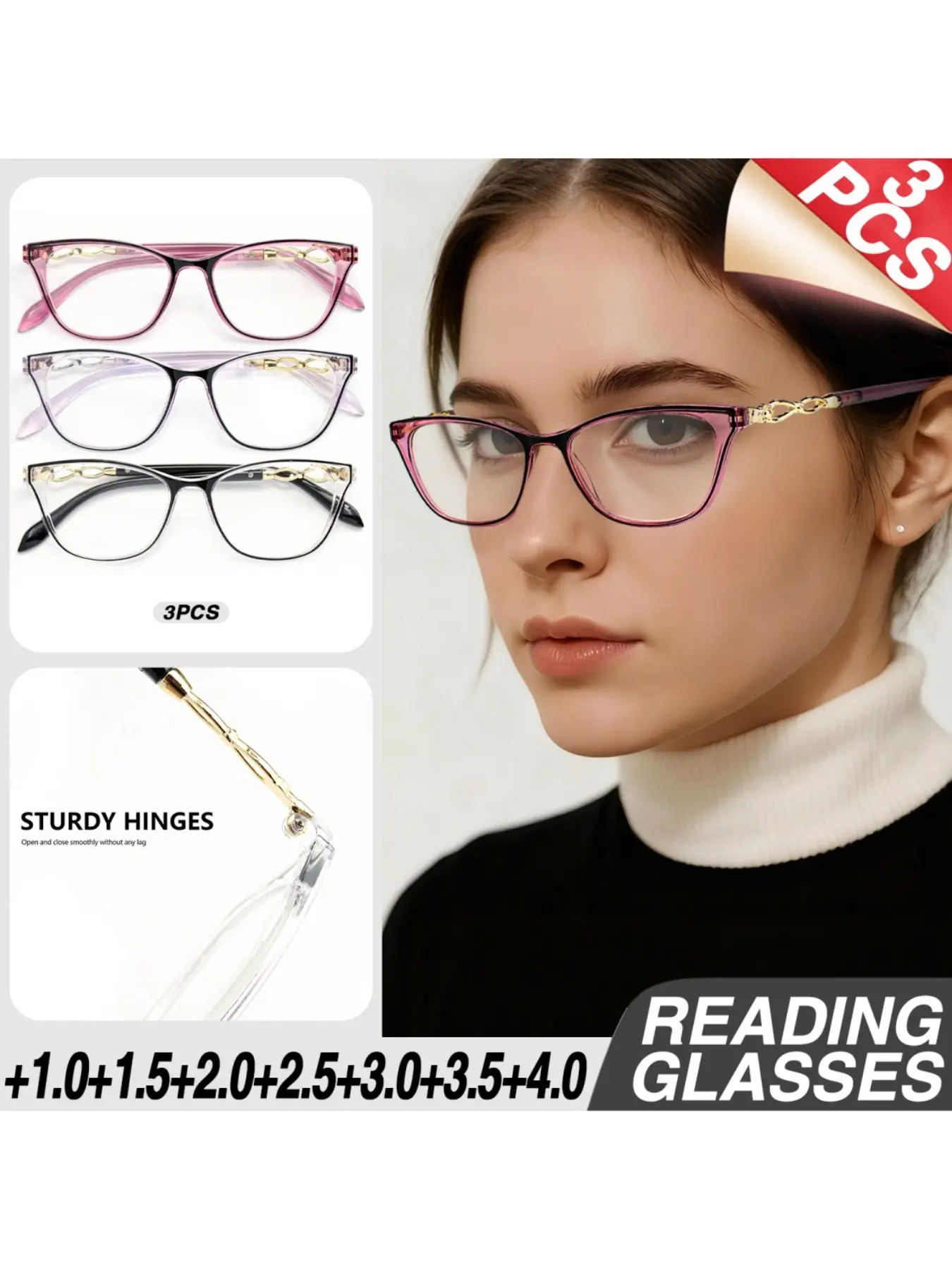 3 Pairs Square Reading Glasses, Hollow Legs, Simple and Versatile, Unisex Fashion Prescription Eyeglasses, Comfortable and Elegant