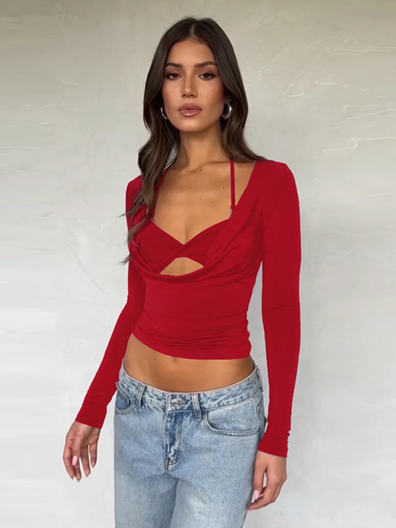 Women's Plain Twist Cut Out Halter Tee, Casual Tie Back Long Sleeve 2 in 1 T-shirt for Spring & Fall, Women's Clothing for Daily Wear, Valentine's Day, Gift, Plunge Neck Top, Lady Crop Top, Womenswear