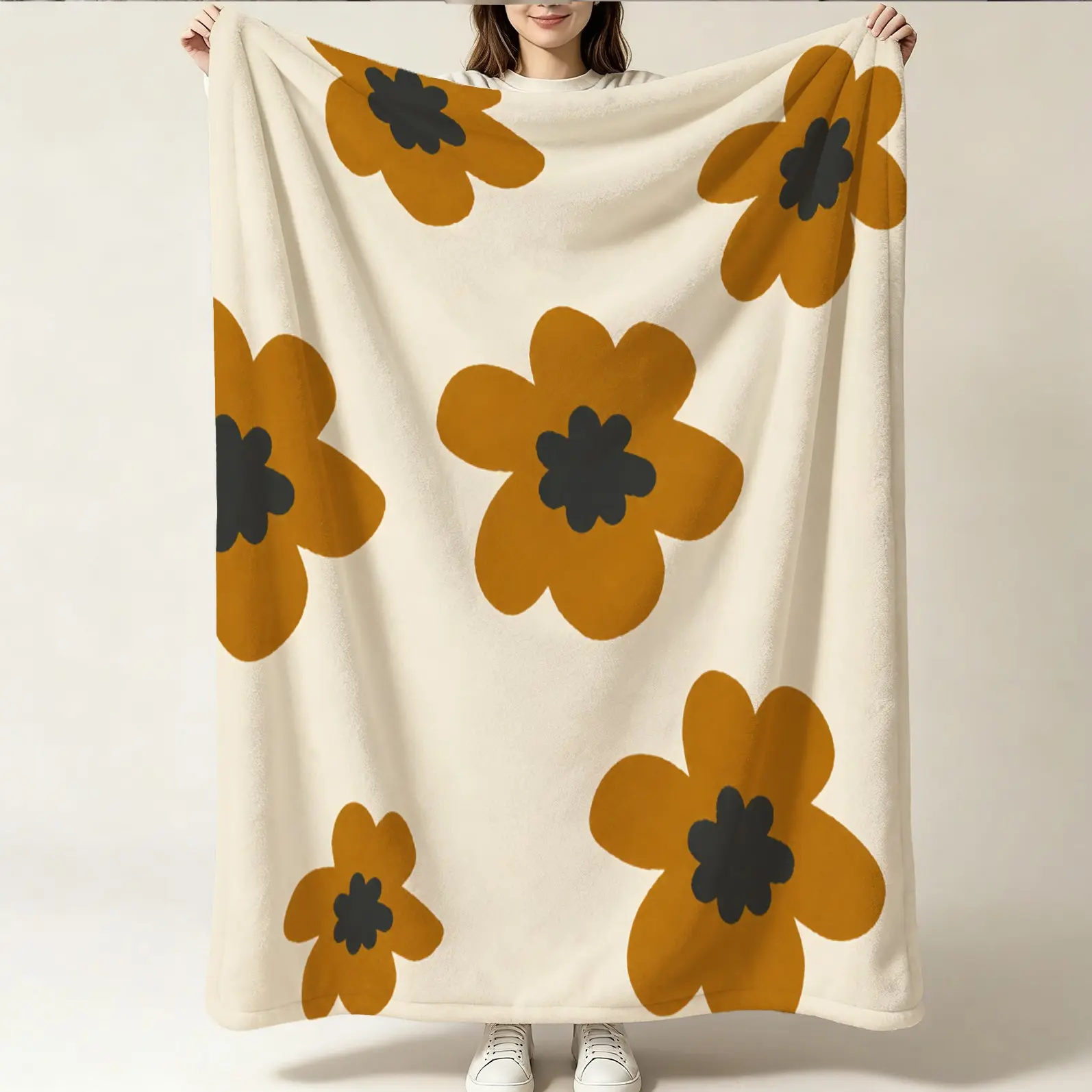 1 Pack Vibrant Digital Print Minimalist Mustard Large Floral Flannel Blanket, Lightweight Cozy Gift Blanket, Ideal for Sofa, Bed, Office, Travel, Car & Naps, Neutral Boho Home Decor Gift