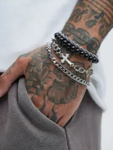 4 Piece Cross Bracelet Set, Punk Style, Silver Color Cuban Chain & Bead Chain, Unique Design, All Seasons Fashion Accessory