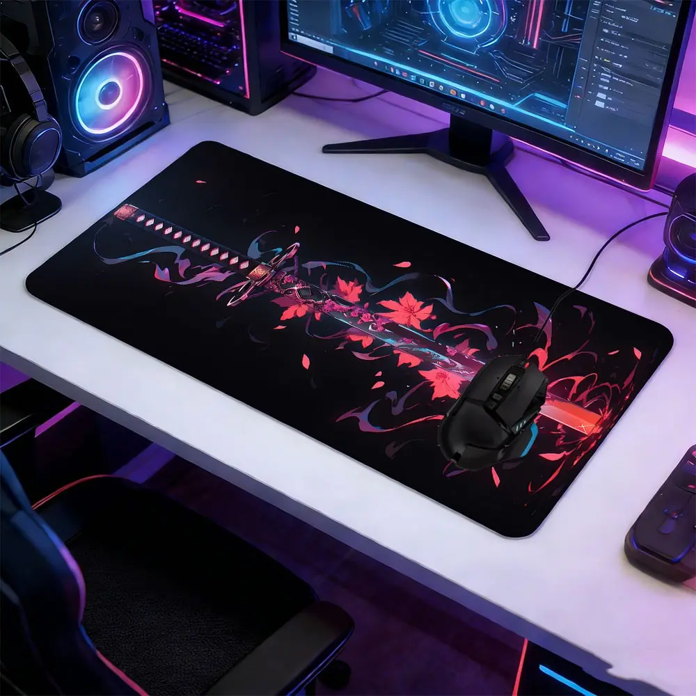 Cyber Japanese Katana Large Extended Gaming Mouse Pad, Sakura Warrior Weapon Graphic Pattern Design Desktop Protector, Non-Slip Rubber Lock Edge HD Print, Suitable for Gaming, Hobby Office, Teen Desk & Samurai Theme Gift